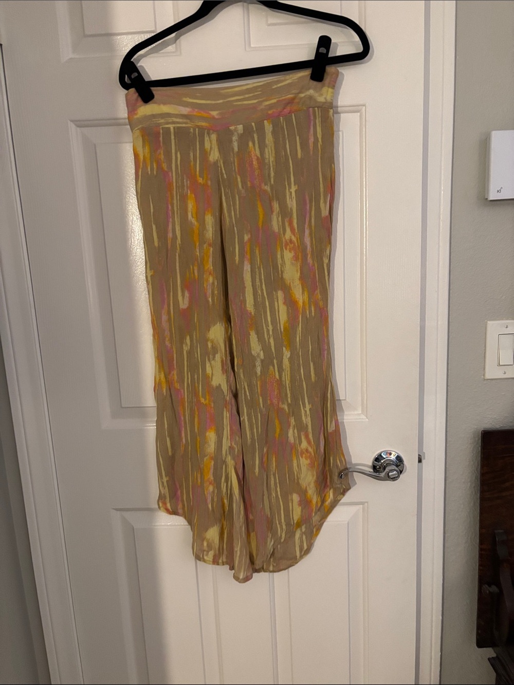 Free People Flowing Wide-Leg Pants in Tan with Pink & Yellow Brushstroke Print